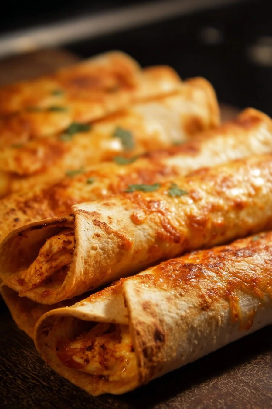 Oven-Baked Chicken Taquitos 2 Oven-baked chicken taquitos on a serving platter with dipping sauce.