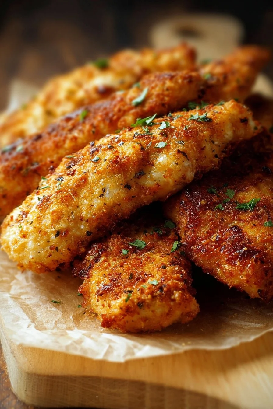Oven Baked Chicken Tenders 2 Oven baked chicken tenders served with dipping sauce on a plate
