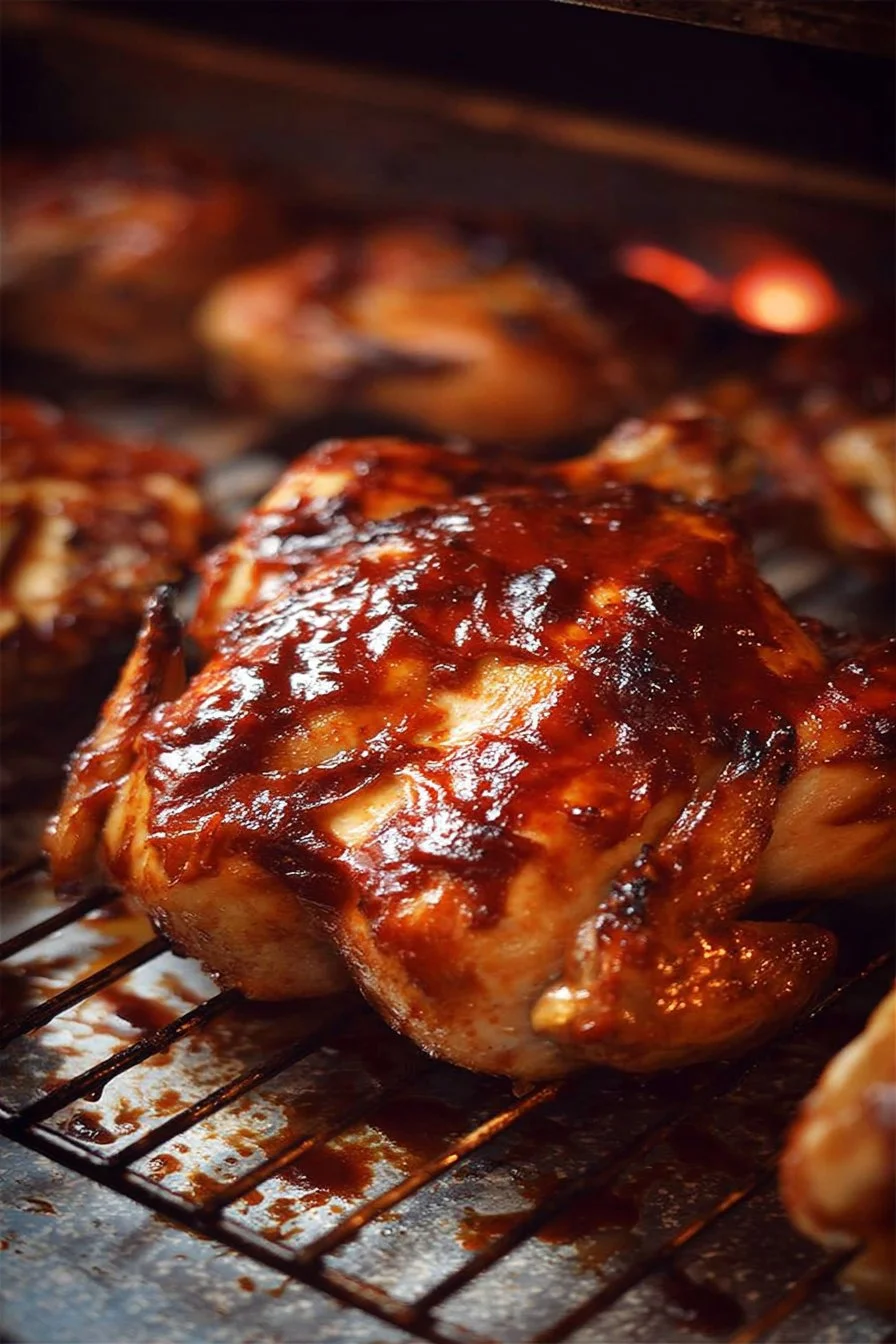 Oven Roasted BBQ Chicken 2 Oven roasted BBQ chicken garnished with herbs and spices on a plate.