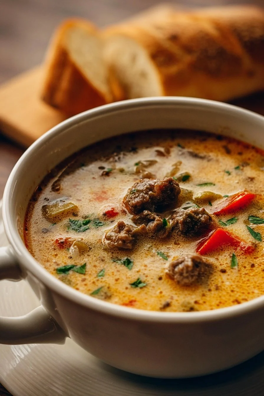 A bowl of Philly Cheesesteak Soup with cheese, beef, and vegetables