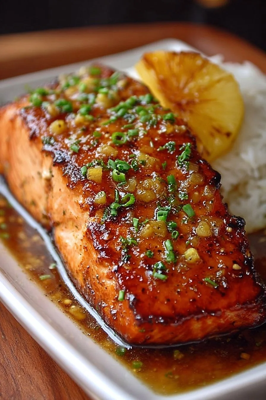 Pineapple glazed salmon fillet garnished with fresh herbs