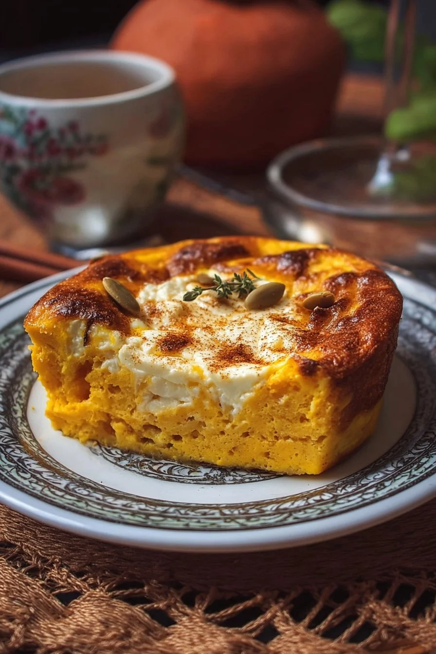 Delicious Pumpkin Cottage Cheese Bake served in a warm dish