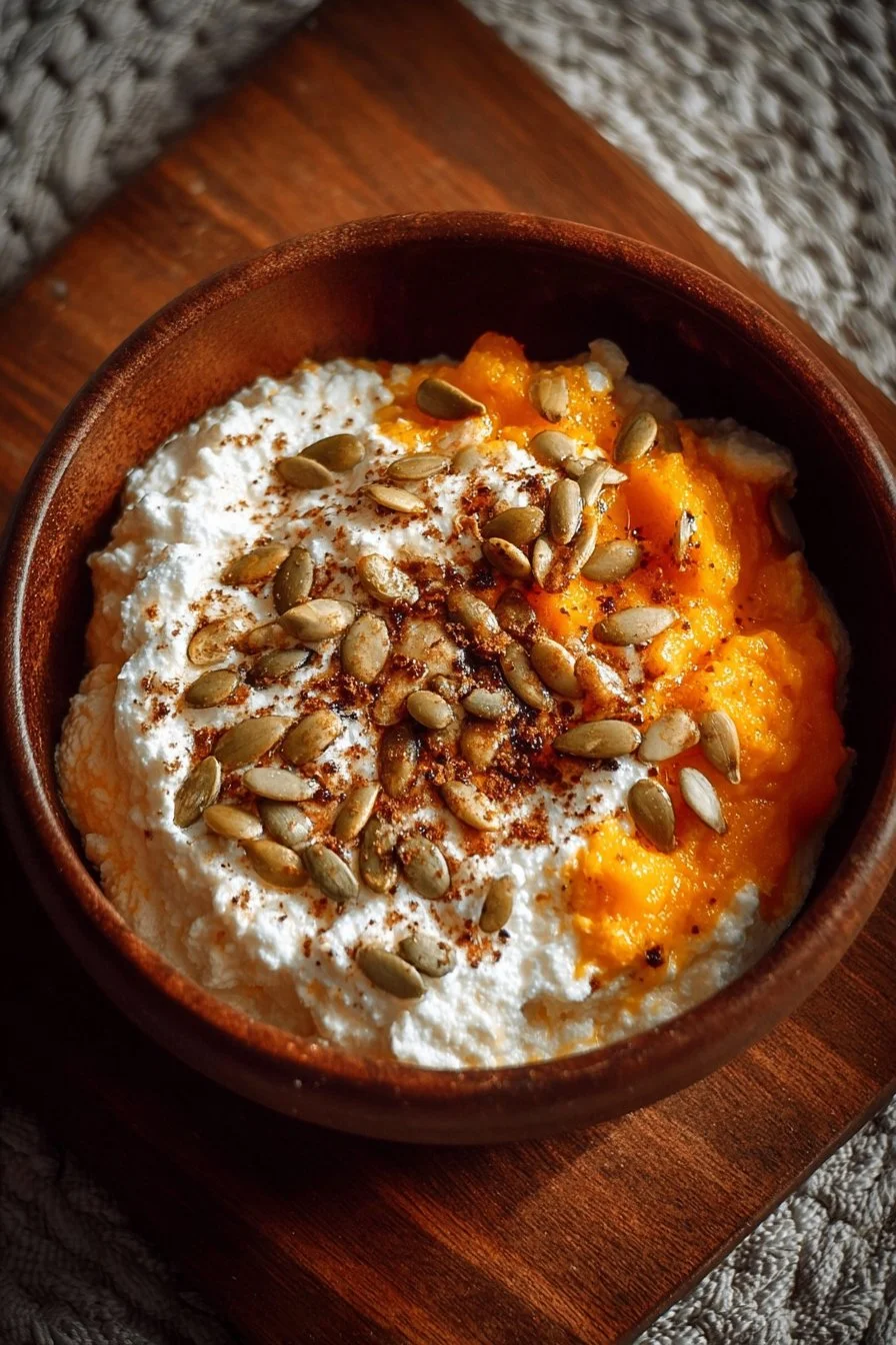 Pumpkin Cottage Cheese Bowl 2 Healthy Pumpkin Cottage Cheese Bowl topped with spices and seeds