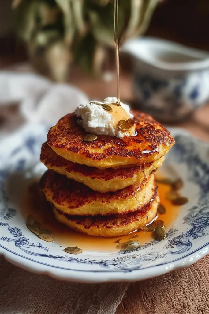 Fluffy pumpkin pancakes with cottage cheese on a plate, garnished with syrup and pumpkins.