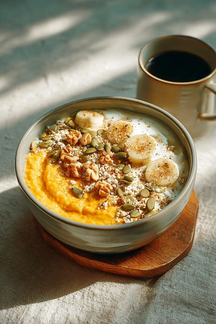 Pumpkin Protein Cottage Cheese Breakfast Bowl topped with seeds and spices