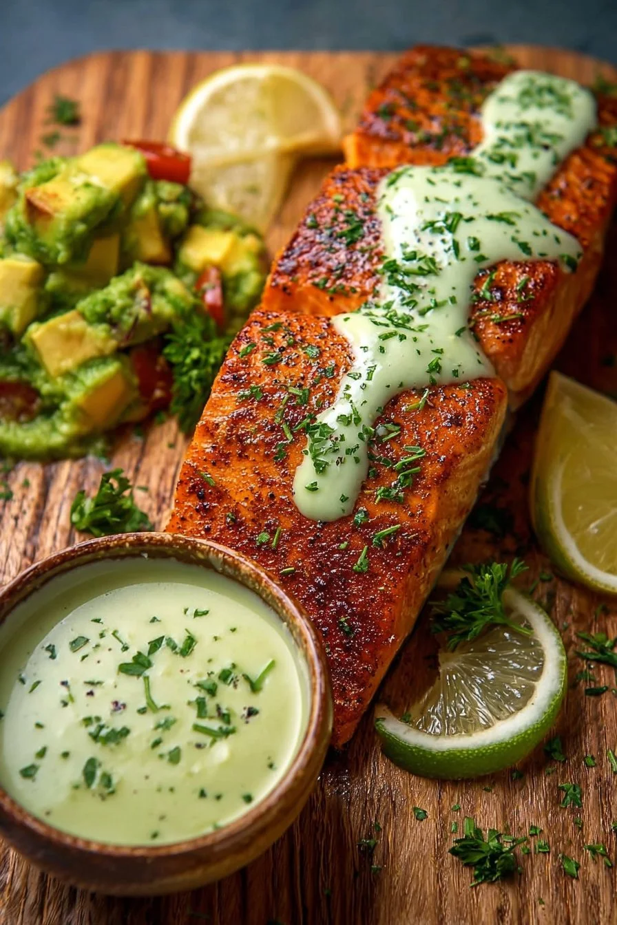 Baked Cajun salmon fillet garnished with avocado lime sauce