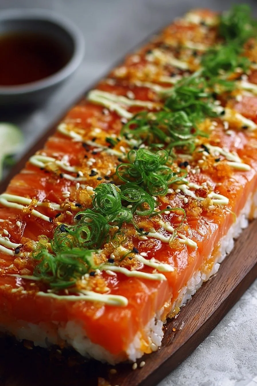 Salmon sushi bake dish with fresh ingredients and garnishes