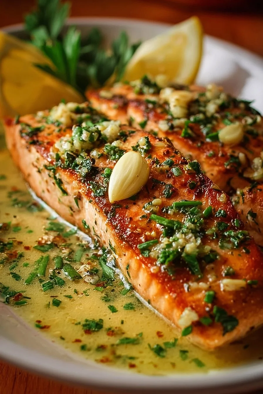 Salmon with Garlic Lemon Butter Sauce 2 Pan-seared salmon fillet topped with garlic lemon butter sauce.