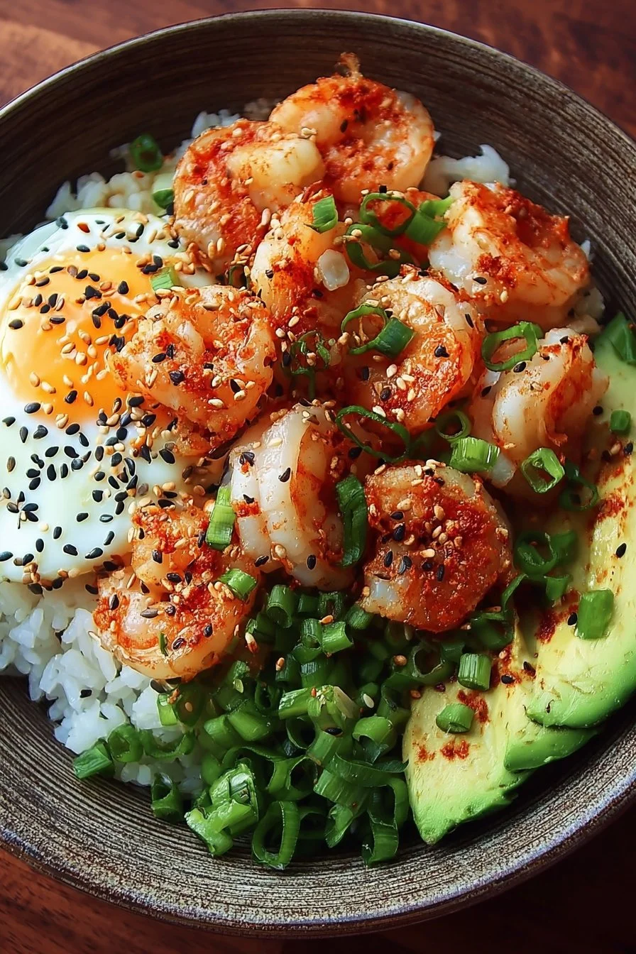 A vibrant shrimp rice bowl topped with fresh ingredients and herbs.