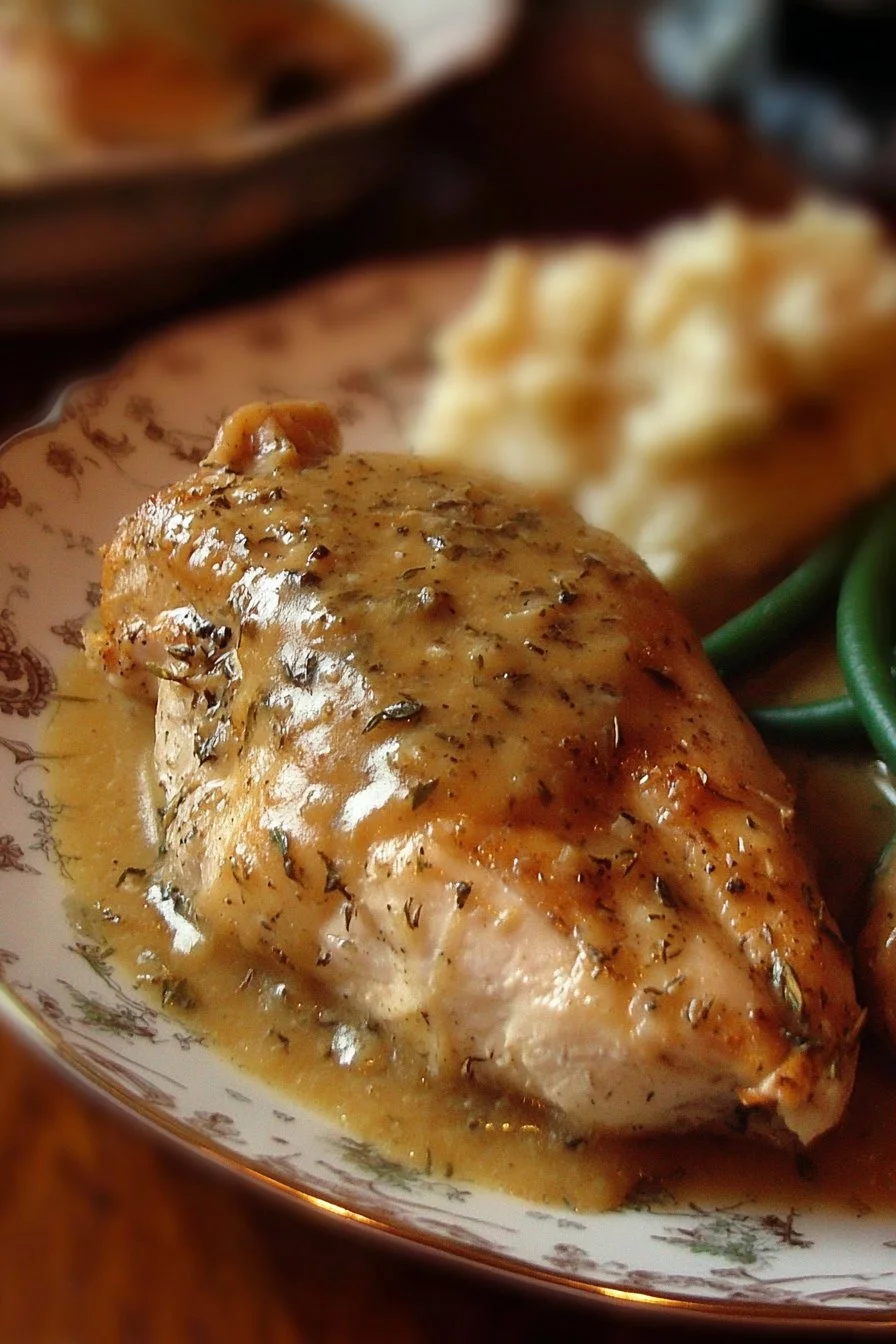Slow cooker chicken breasts served with rich gravy for a comforting meal
