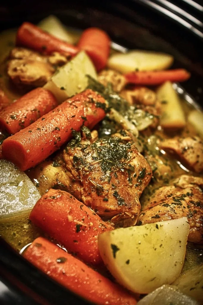 Slow cooker garlic butter chicken with mixed vegetables in a savory sauce