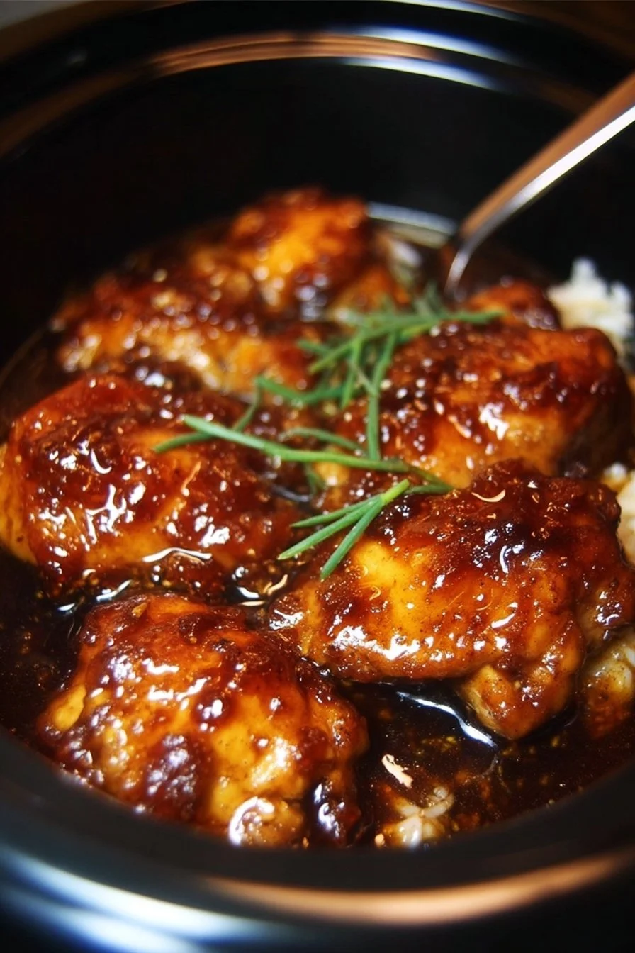 Slow Cooker Honey Garlic Chicken served with rice and vegetables