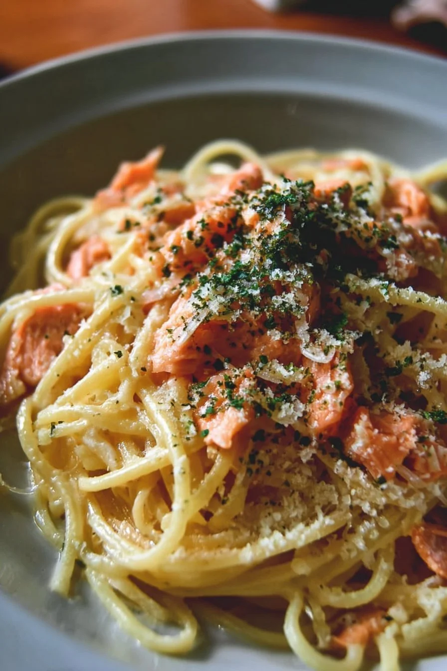 Smoked Salmon Carbonara 2 Delicious smoked salmon carbonara served in a bowl with parsley garnish