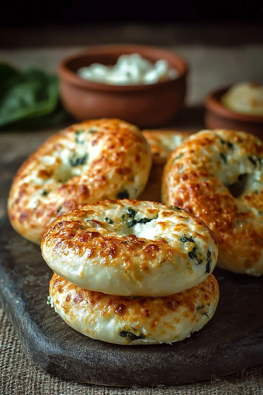 Spinach Cottage Cheese Bagels 2 Freshly baked Spinach Cottage Cheese Bagels on a wooden board