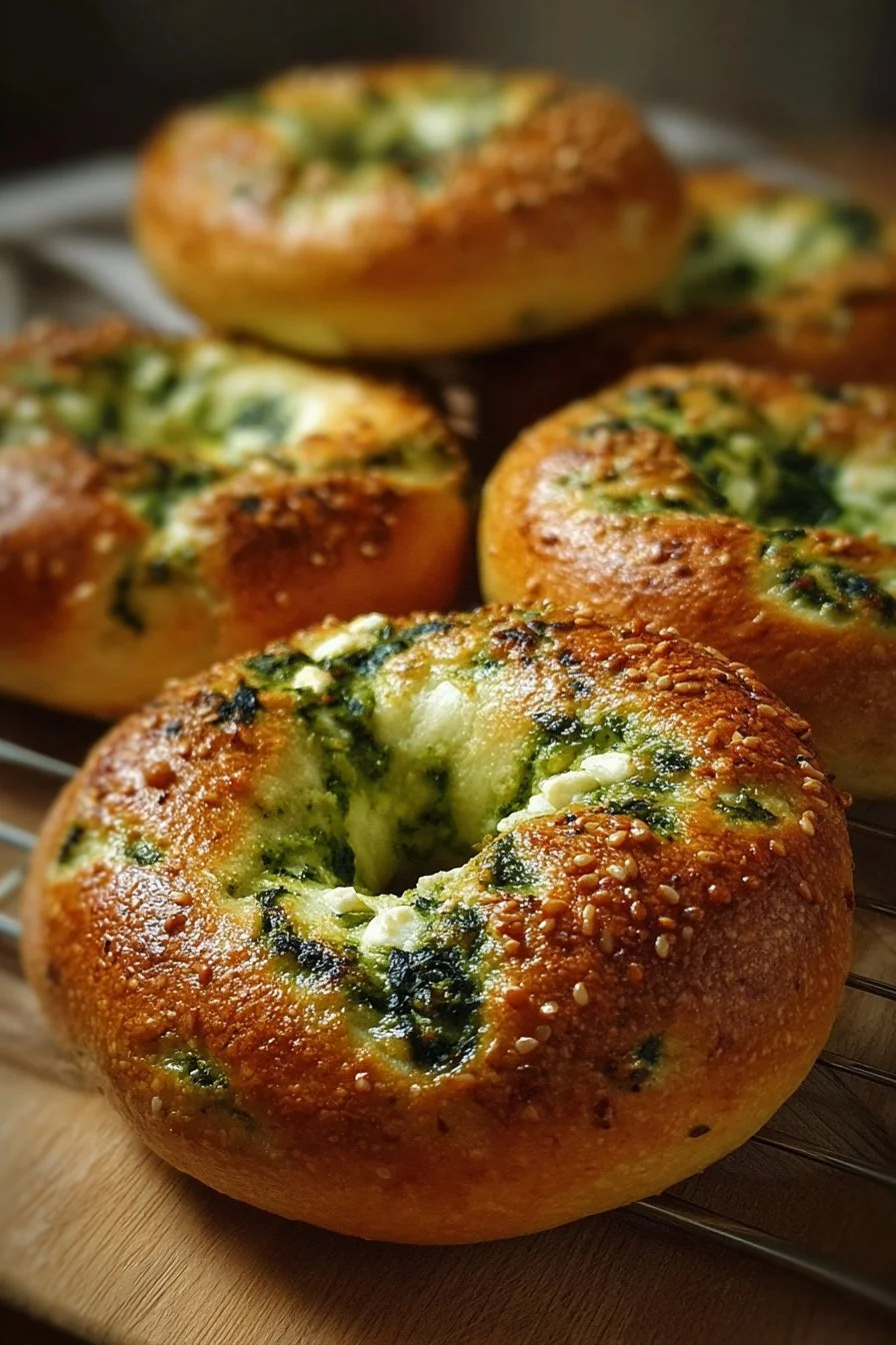 Freshly baked Spinach Cottage Cheese Bagels topped with sesame seeds