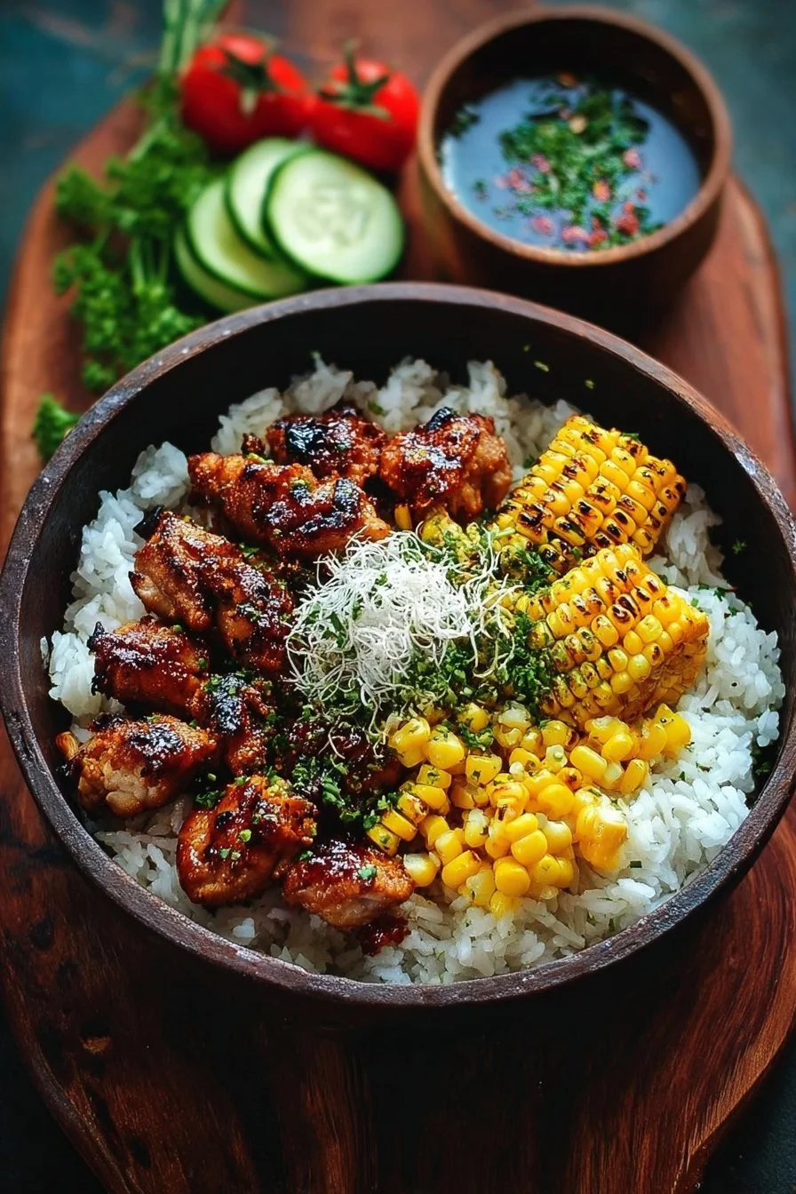 Delicious Street Corn Chicken Rice Bowl served with grilled chicken and sweet corn.