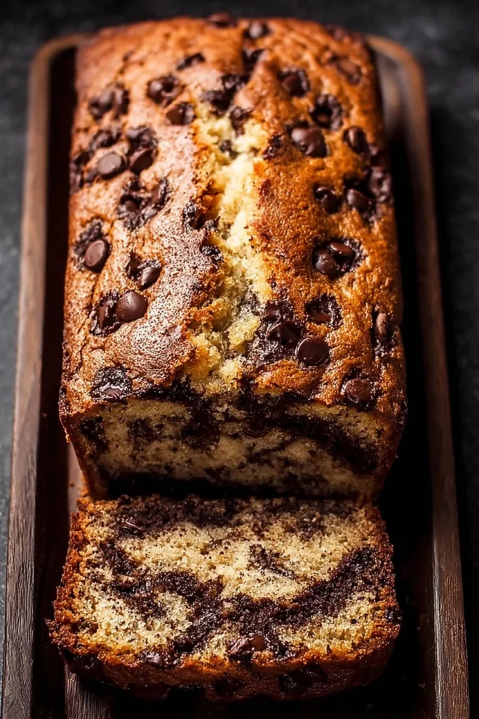 Deliciously moist chocolate chip banana bread with chocolate chunks