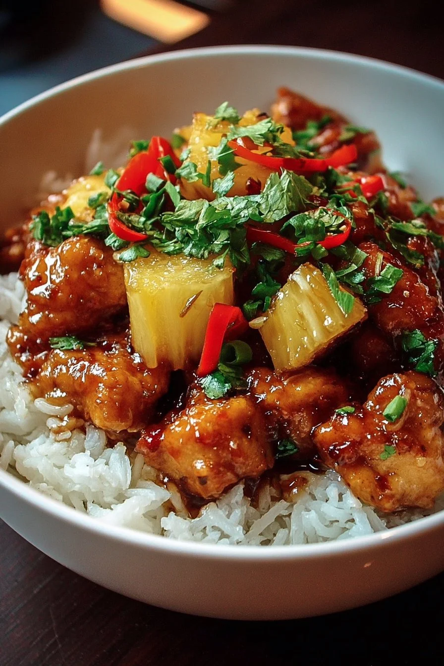 Sweet and Savory Pineapple Chicken 2 Sweet and savory pineapple chicken dish served with vegetables.