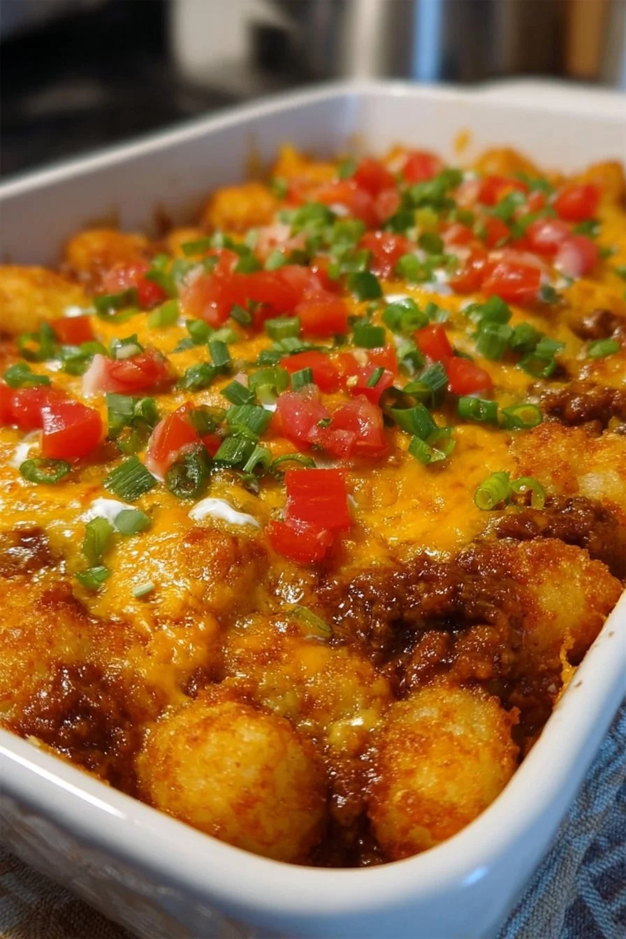 Delicious Tater Tot Taco Casserole topped with crispy tater tots and flavorful ingredients