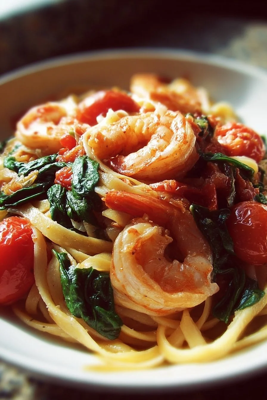 Delicious Tomato Spinach Shrimp Pasta garnished with fresh herbs