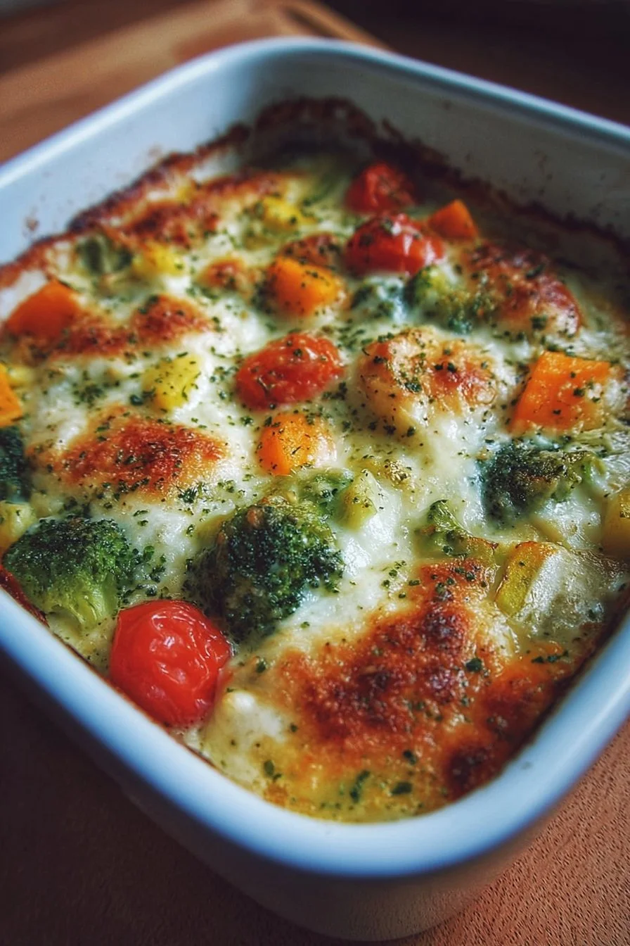 Veggie Bake Casserole 2 Delicious veggie bake casserole with colorful vegetables and cheese