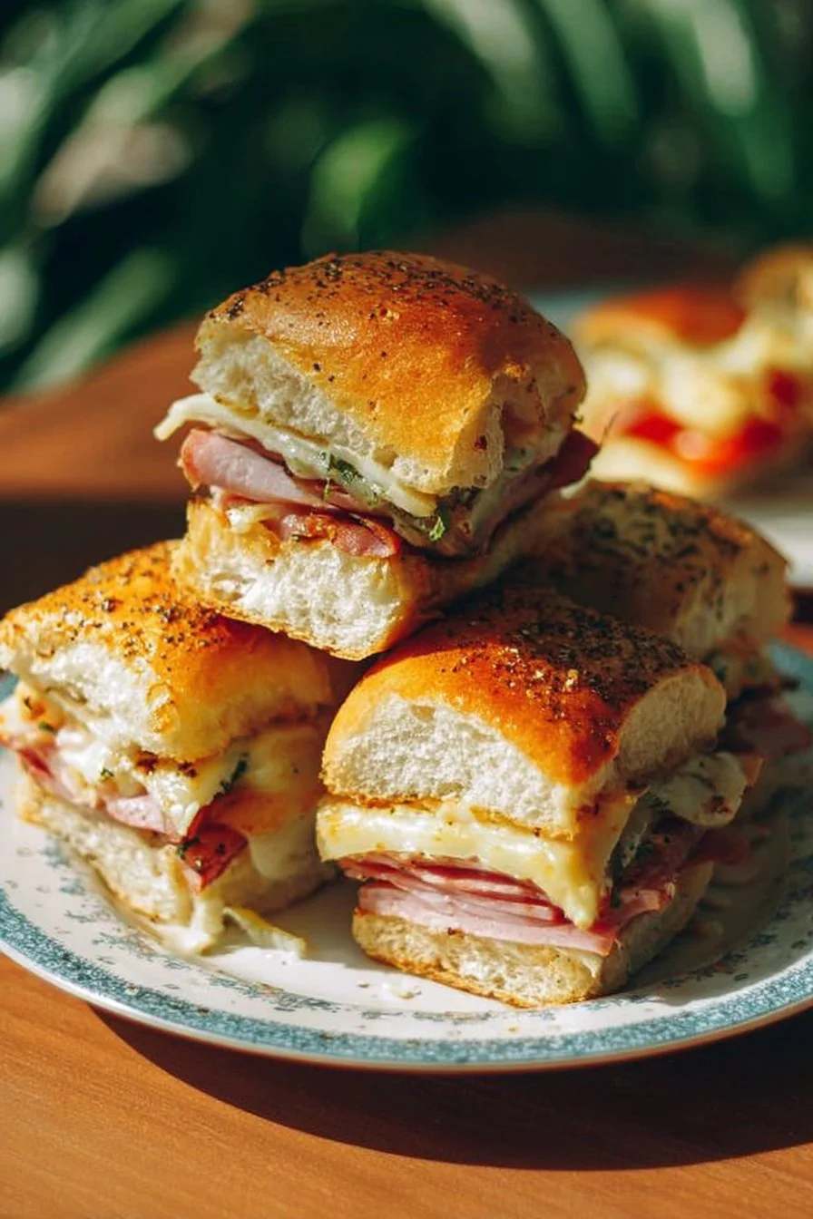 Baked Hawaiian sandwiches with ham, cheese, and pineapple on a platter