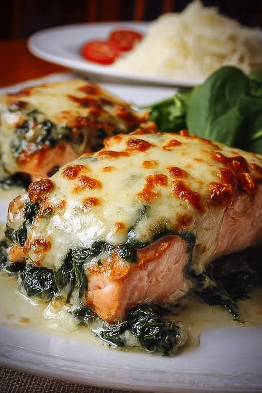 Baked Salmon with Spinach and Mozzarella 1 Baked salmon fillet topped with spinach and melted mozzarella cheese on a plate