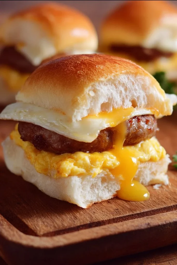 Breakfast Sliders with egg and sausage served on a platter