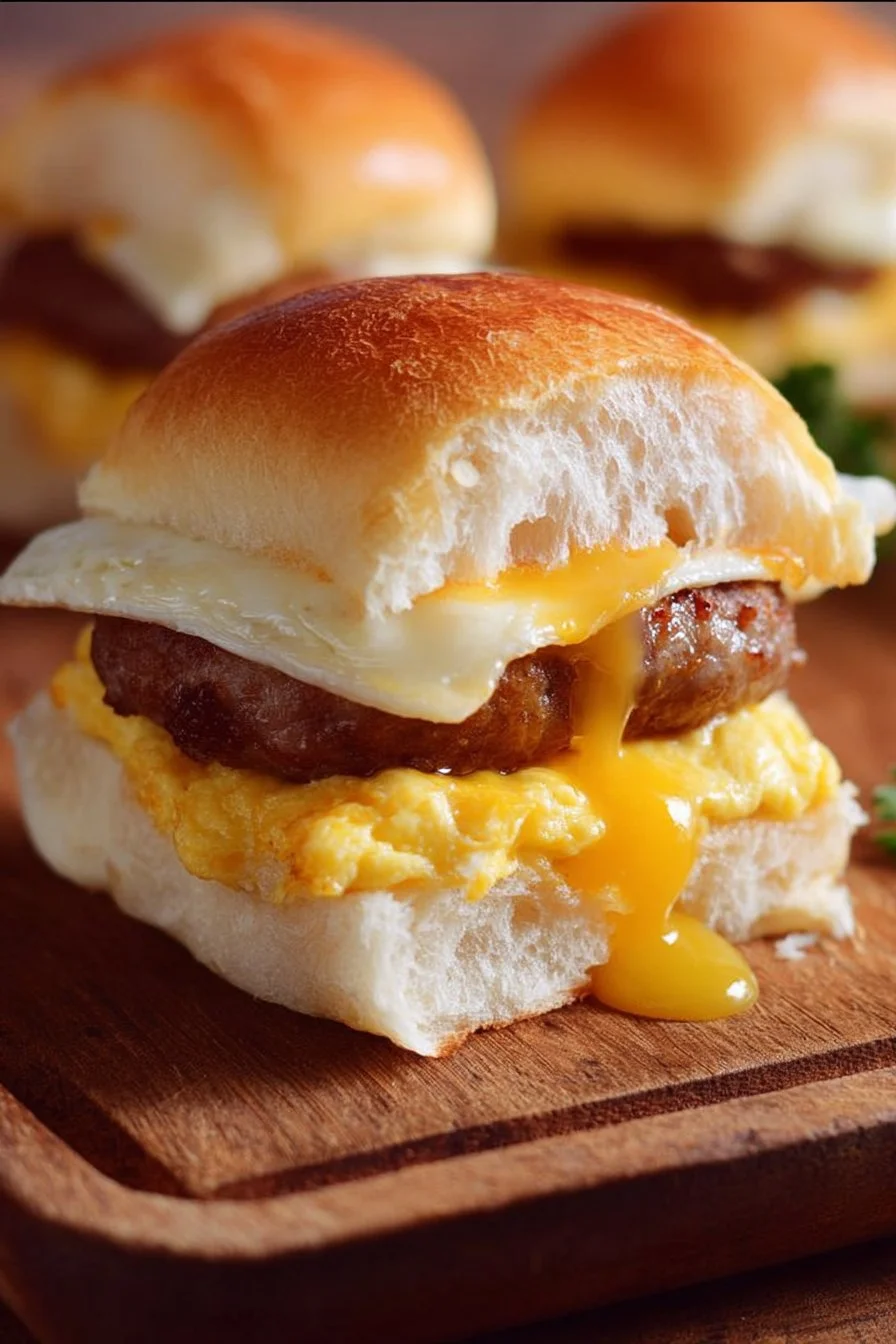 Breakfast Egg and Sausage Sliders 1 Breakfast Sliders with egg and sausage served on a platter