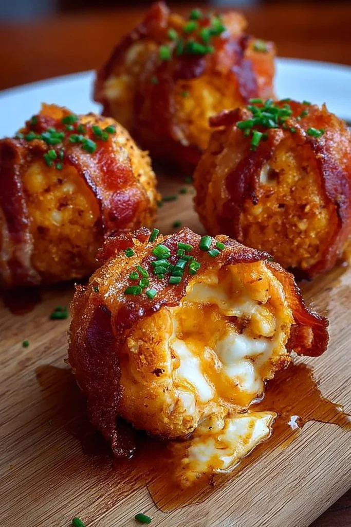 Buffalo Chicken Bacon Bombs with mozzarella cheese and crispy bacon