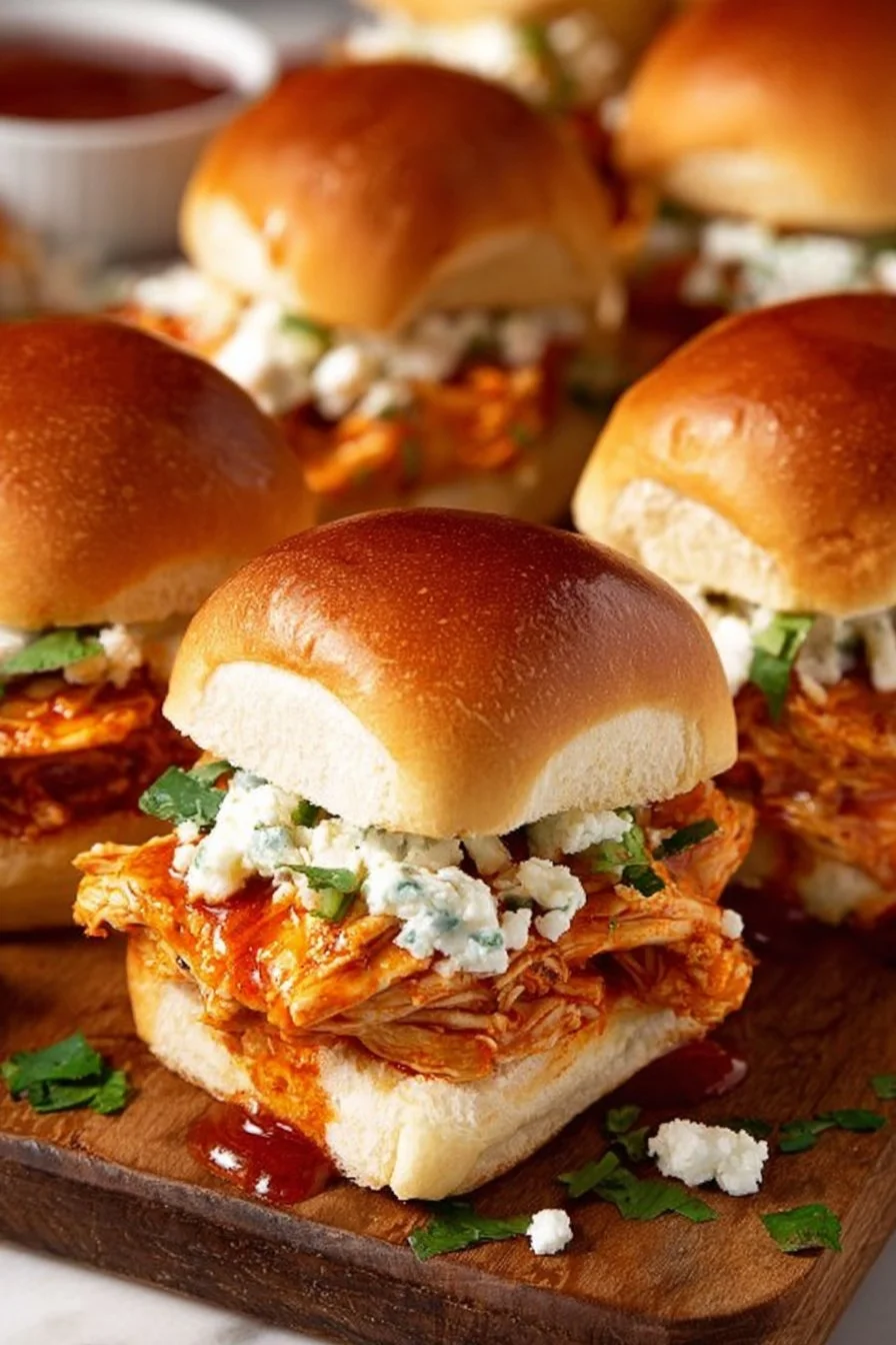 Buffalo Chicken Sliders served on a platter with dipping sauces