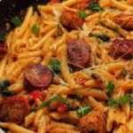 Delicious Cajun Sausage Pasta served with fresh herbs and spices