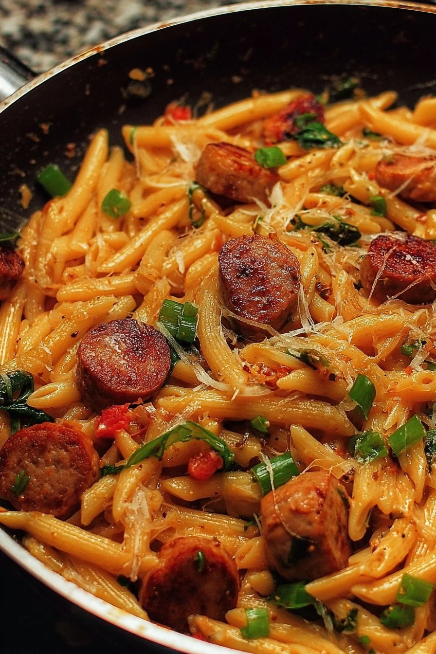Delicious Cajun Sausage Pasta served with fresh herbs and spices