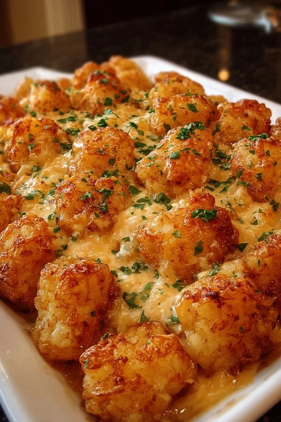Delicious Cheddar Ranch Chicken Tater Tot Bake in a casserole dish.