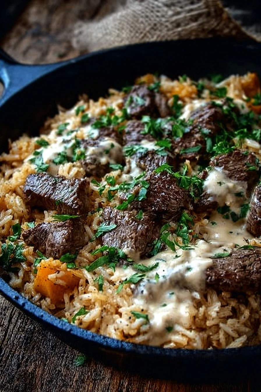 Cheesy steak and rice skillet in a cast iron pan garnished with herbs