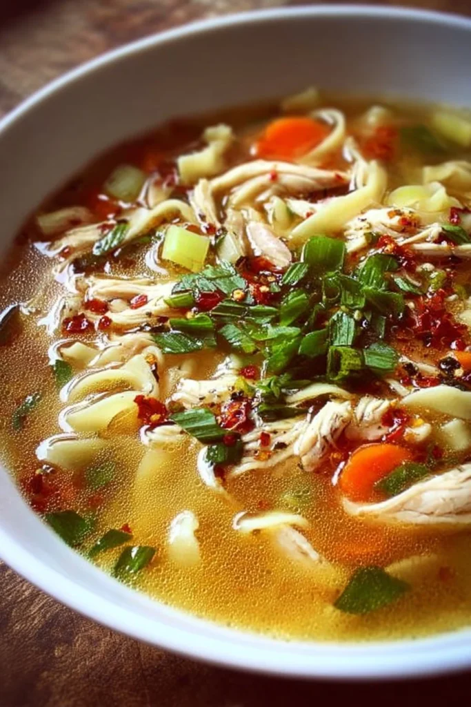 Bowl of Classic Ginger Garlic Chicken Noodle Soup garnished with herbs