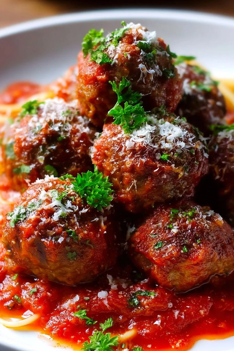 Plate of classic Italian meatballs in marinara sauce with fresh herbs