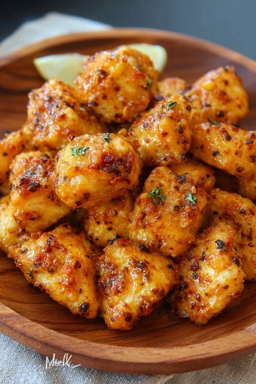 Cowboy Butter Chicken Bites served on a plate, garnished and ready to eat