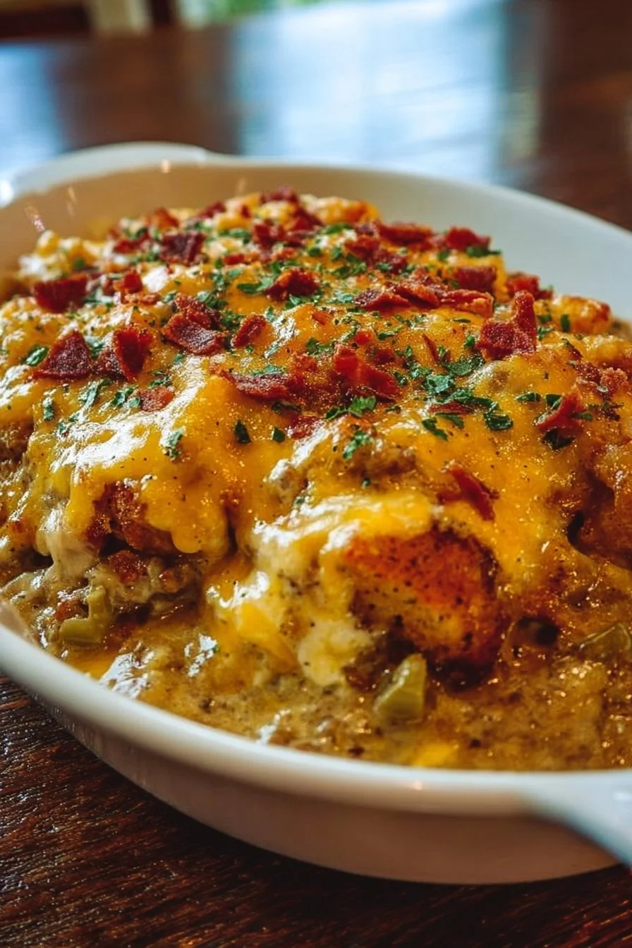 Delicious Cowboy Casserole with ground beef, beans, and cheese topping.