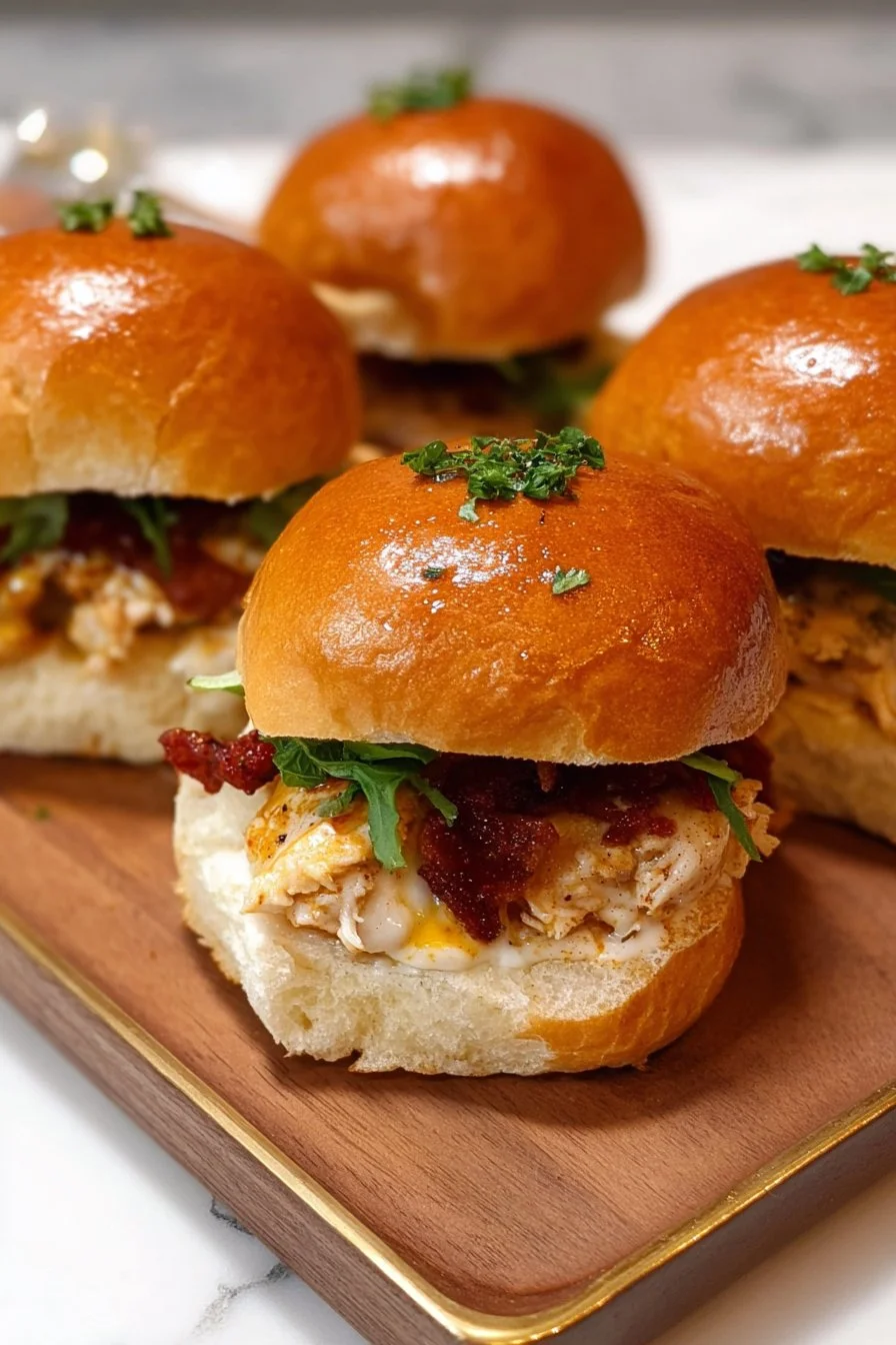 Delicious Crack Chicken Sliders topped with creamy sauce and served with buns
