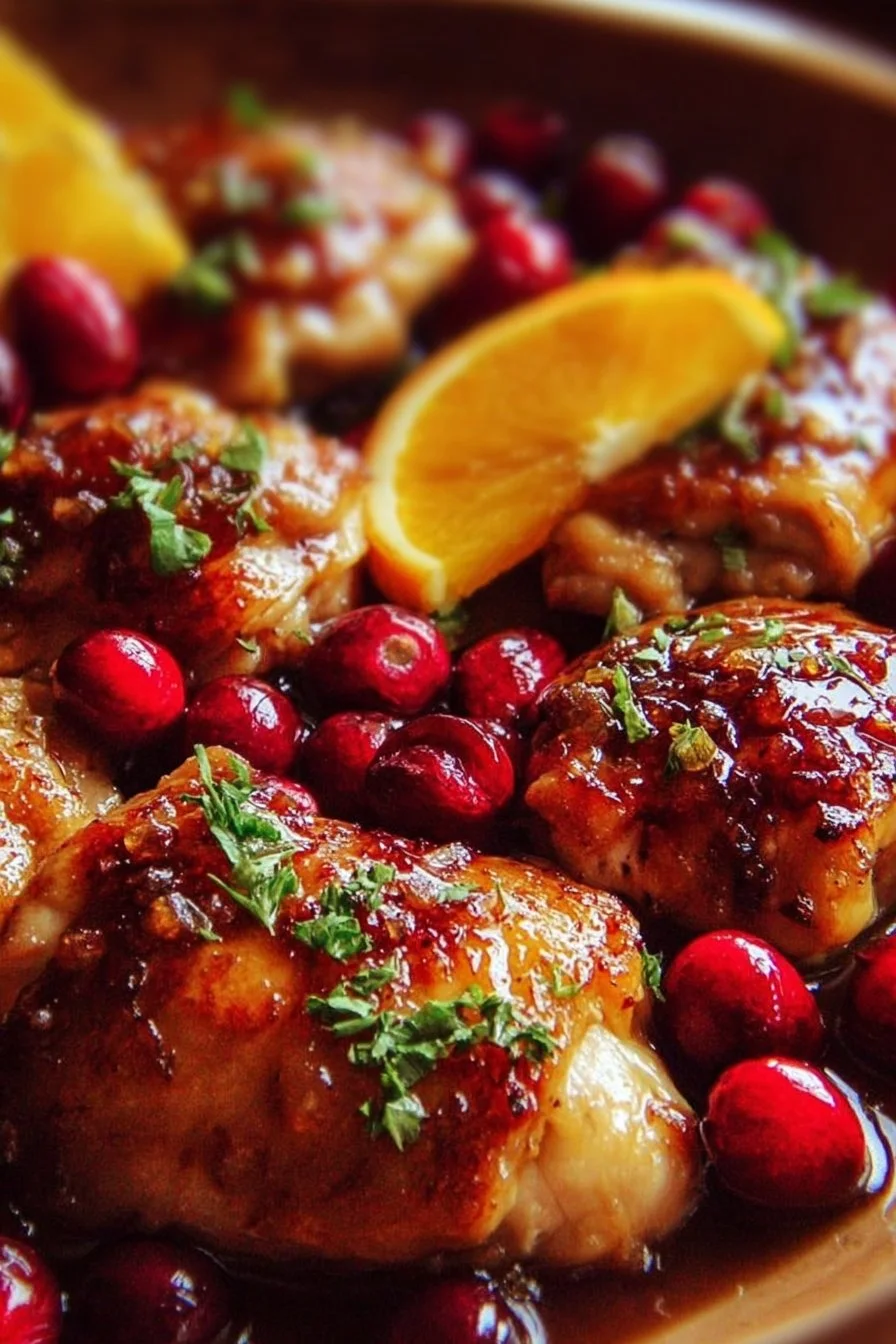 Cranberry Orange Chicken served with steamed vegetables and rice