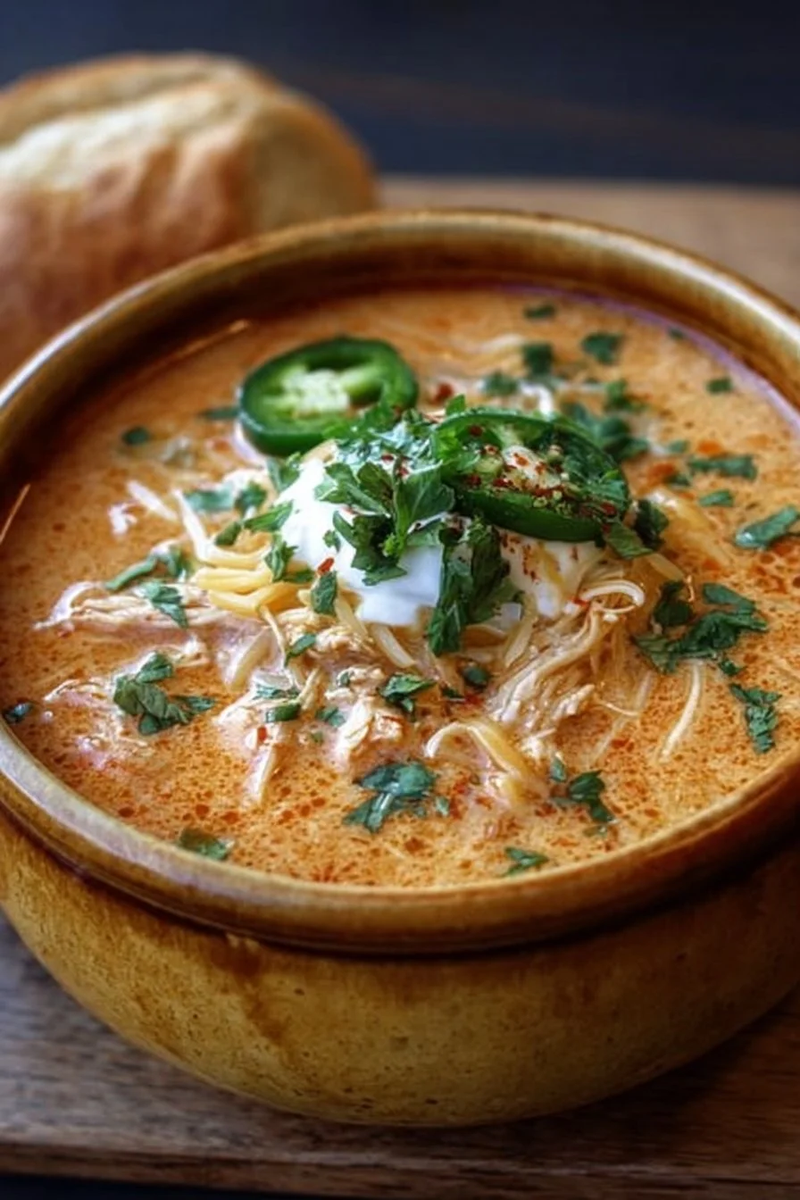 Delicious creamy chicken enchilada soup in a bowl topped with cheese and cilantro.