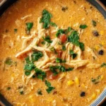 Bowl of creamy chicken tortilla soup topped with avocado and tortilla strips