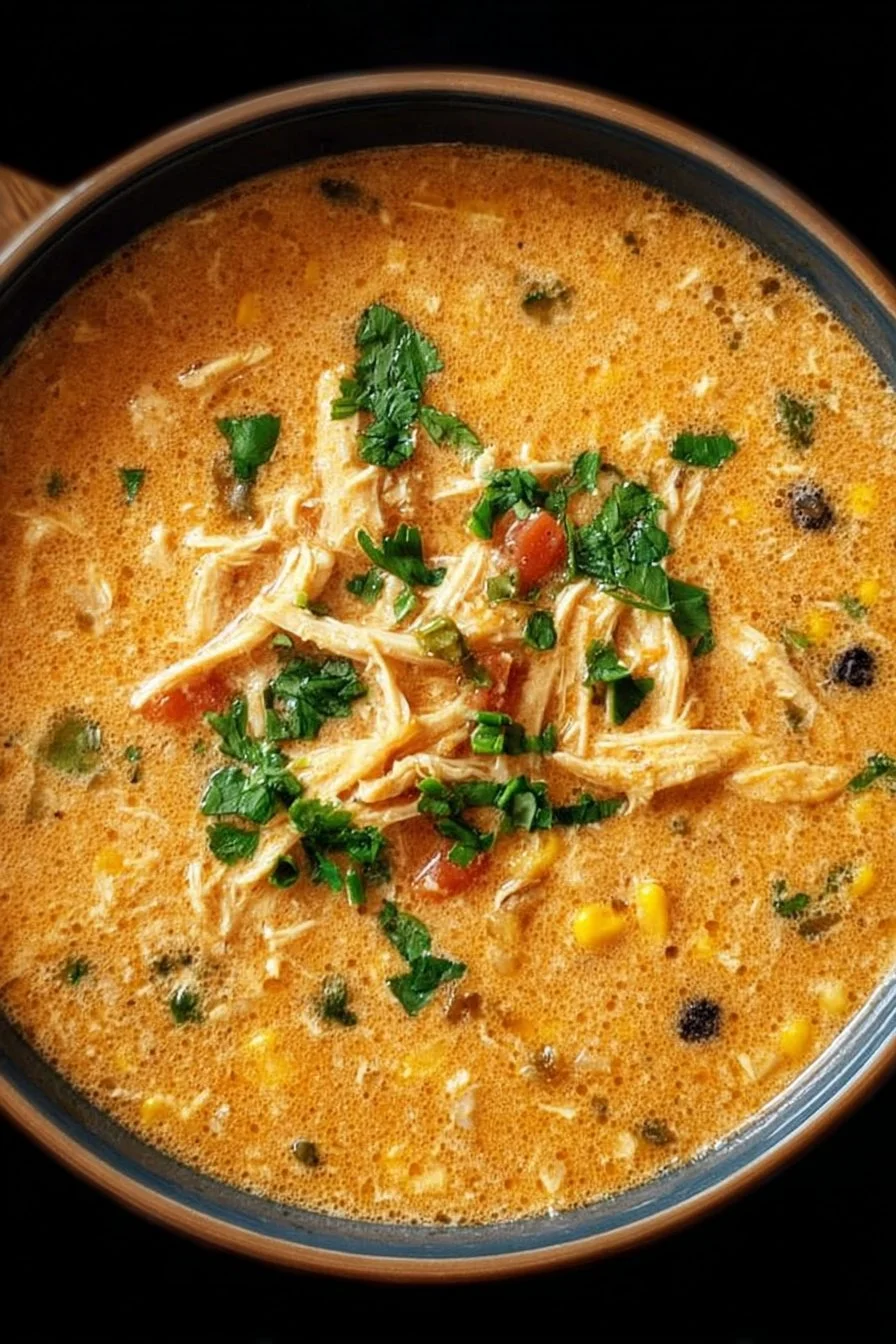 Bowl of creamy chicken tortilla soup topped with avocado and tortilla strips