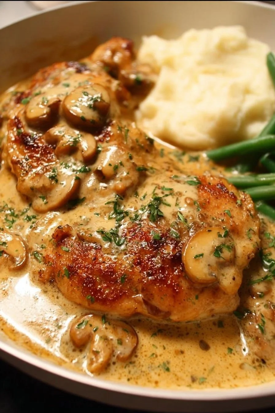 Plate of creamy garlic chicken garnished with herbs and served with vegetables