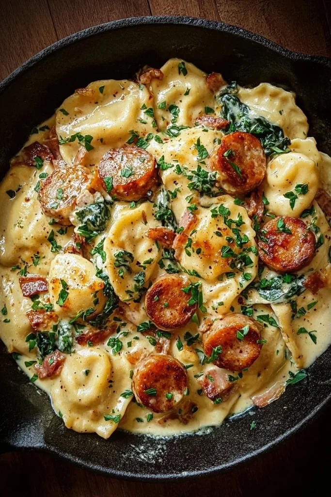 Creamy Pierogi and Turkey Sausage Skillet served in a cast iron pan