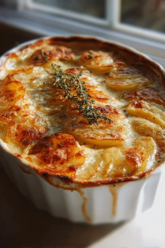 Delicious creamy scalloped potatoes baked to perfection in a cheesy sauce.