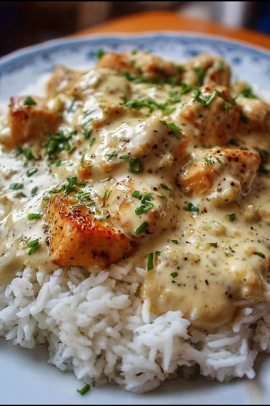 Delicious creamy smothered chicken and rice served in a bowl