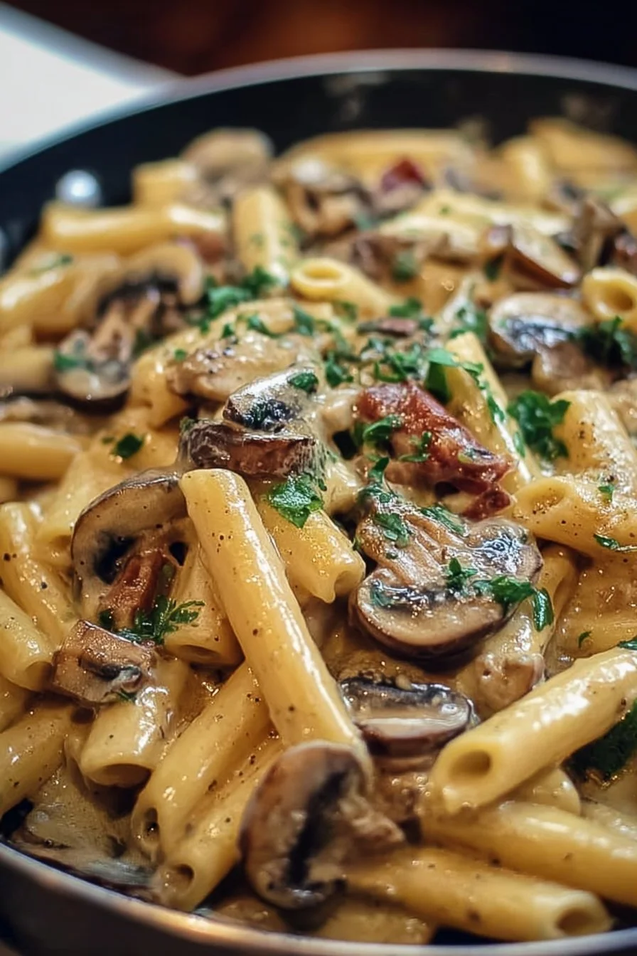 Creamy Tuscan Mushroom Pasta Skillet 2 Creamy Tuscan mushroom pasta skillet with fresh herbs and Parmesan cheese