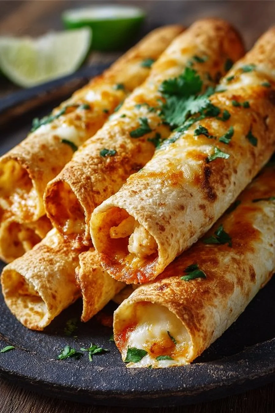Plate of crispy chicken taquitos garnished with fresh salsa and avocado